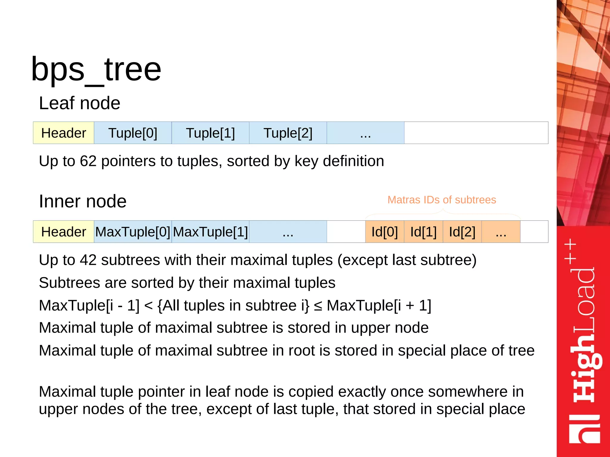 Leaf node
Header Tuple[0] Tuple[1] Tuple[2] ...
Up to 62 pointers to tuples, sorted by key definition
Inner node
Header MaxTuple[0] MaxTuple[1] ... Id[0] Id[1] Id[2] ...
Matras IDs of subtrees
MaxTuple[i - 1] < {All tuples in subtree i} ≤ MaxTuple[i + 1]
Up to 42 subtrees with their maximal tuples (except last subtree)
Subtrees are sorted by their maximal tuples
Maximal tuple of maximal subtree is stored in upper node
Maximal tuple of maximal subtree in root is stored in special place of tree
Maximal tuple pointer in leaf node is copied exactly once somewhere in
upper nodes of the tree, except of last tuple, that stored in special place
bps_tree
 