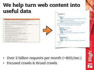 We help turn web content into
useful data
• Over 2 billion requests per month (~800/sec.)
• Focused crawls & Broad crawls
...
