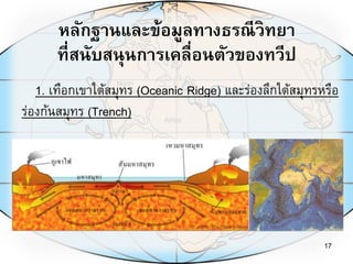 หลักฐานและข้อมูลทางธรณีวิทยา
ที่สนับสนุนการเคลื่อนตัวของทวีป
17
1. เทือกเขาใต้สมุทร (Oceanic Ridge) และร่องลึกใต้สมุทรหรือ
ร่องก้นสมุทร (Trench)
 