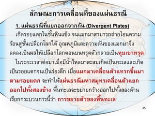 ลักษณะการเคลื่อนที่ของแผ่นธรณี
35
เกิดรอยแตกในชั้นหินแข็ง จนแมกมาสามารถถ่ายโอนความ
ร้อนสู่ชั้นเปลือกโลกได้ อุณหภูมิและความดันของแมกมาจึง
ลดลงเป็นผลให้เปลือกโลกตอนบนทรุดตัวกลายเป็นหุบเขาทรุด
ในระยะเวลาต่อมาเมื่อมีน้าไหลมาสะสมเกิดเป็นทะเลและเกิด
เป็นรอยแตกจนเป็นร่องลึก เมื่อแมกมาเคลื่อนตัวแทรกขึ้นมา
ตามรอยแตก จะทาให้แผ่นธรณีมหาสมุทรเคลื่อนตัวแยก
ออกไปทั้งสองข้าง พื้นทะเลจะขยายกว้างออกไปทั้งสองด้าน
เรียกกระบวนการนี้ว่า การขยายตัวของพื้นทะเล
1. แผ่นธรณีที่แยกออกจากกัน (Divergent Plates)
 