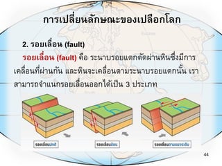 การเปลี่ยนลักษณะของเปลือกโลก
44
2. รอยเลื่อน (fault)
รอยเลื่อน (fault) คือ ระนาบรอยแตกตัดผ่านหินซึ่งมีการ
เคลื่อนที่ผ่านกัน และหินจะเคลื่อนตามระนาบรอยแตกนั้น เรา
สามารถจาแนกรอยเลื่อนออกได้เป็น 3 ประเภท
 