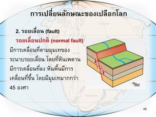 การเปลี่ยนลักษณะของเปลือกโลก
45
2. รอยเลื่อน (fault)
รอยเลื่อนปกติ (normal fault)
มีการเคลื่อนที่ตามมุมเทของ
ระนาบรอยเลื่อน โดยที่หินเพดาน
มีการเคลื่อนที่ลง หินพื้นมีการ
เคลื่อนที่ขึ้น โดยมีมุมเทมากกว่า
45 องศา
 