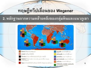 9
ทฤษฎีทวีปเลื่อนของ Wegener
2. หลักฐานจากความคล้ายคลึงของกลุ่มหินและแนวภูเขา
 