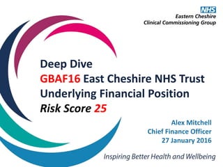 Deep Dive
GBAF16 East Cheshire NHS Trust
Underlying Financial Position
Risk Score 25
Alex Mitchell
Chief Finance Officer
27 January 2016
 