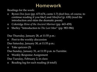 Readings for the week:
 Byron Don Juan (pp. 673-674, canto 1-7) (feel free, of course, to
continue reading if you like!) and Manfred (p. 638) (read the
introduction and skim the dramatic poem)
 Coleridge Rime of the Ancient Mariner (pp. 443-459)
 Shelley “Introduction to The Last Man” (pp. 983-986)
Due Thursday, January 28, at 11:55 p.m.:
 Post to the weekly discussion
Due Saturday, January 30, at 11:55 p.m.:
 Take quizzes (3)
Due Sunday, January 31, at 11:55 p.m. to Turnitin:
 Weekly Response Assignment
Due Tuesday, February 2, in class:
 Reading log for each reading (4 total!)
 