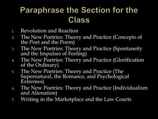 1. Revolution and Reaction
2. The New Poetries: Theory and Practice (Concepts of
the Poet and the Poem)
3. The New Poetries: Theory and Practice (Spontaneity
and the Impulses of Feeling)
4. The New Poetries: Theory and Practice (Glorification
of the Ordinary)
5. The New Poetries: Theory and Practice (The
Supernatural, the Romance, and Psychological
Extremes)
6. The New Poetries: Theory and Practice (Individualism
and Alienation)
7. Writing in the Marketplace and the Law Courts
 