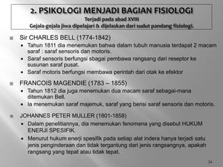  Sir CHARLES BELL (1774-1842)
 Tahun 1811 dia menemukan bahwa dalam tubuh manusia terdapat 2 macam
saraf : saraf sensoris dan motoris.
 Saraf sensoris berfungsi sbagai pembawa rangsang dari reseptor ke
susunan saraf pusat.
 Saraf motoris berfungsi membawa perintah dari otak ke efektor
 FRANCOIS MAGENDIE (1783 – 1855)
 Tahun 1812 dia juga menemukan dua macam saraf sebagai-mana
ditemukan Bell.
 Ia menemukan saraf majemuk, saraf yang berisi saraf sensoris dan motoris.
 JOHANNES PETER MULLER (1801-1858)
 Dalam penelitiannya, dia menemukan fenomena yang disebut HUKUM
ENERJI SPESIFIK.
 Menurut hukum enerji spesifik pada setiap alat indera hanya terjadi satu
jenis penginderaan dan tidak tergantung dari jenis rangsangnya, apakah
rangsang yang tepat atau tidak tepat.
24
 