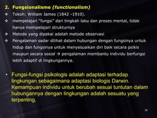 • Fungsi-fungsi psikologis adalah adaptasi terhadap
lingkungan sebagaimana adaptasi biologis Darwin.
Kemampuan individu untuk berubah sesuai tuntutan dalam
hubungannya dengan lingkungan adalah sesuatu yang
terpenting.
2. Fungsionalisme (functionalism)
 Tokoh: William James (1842 -1910).
 mempelajari “fungsi” dari tingkah laku dan proses mental, tidak
hanya mempelajari strukturnya
 Metode yang dipakai adalah metode observasi
 Pengalaman sadar dilihat dalam hubungan dengan fungsinya untuk
hidup dan fungsinya untuk menyesuaikan diri baik secara psikis
maupun secara sosial  pengalaman membantu individu berfungsi
lebih adaptif di lingkungannya.
30
 