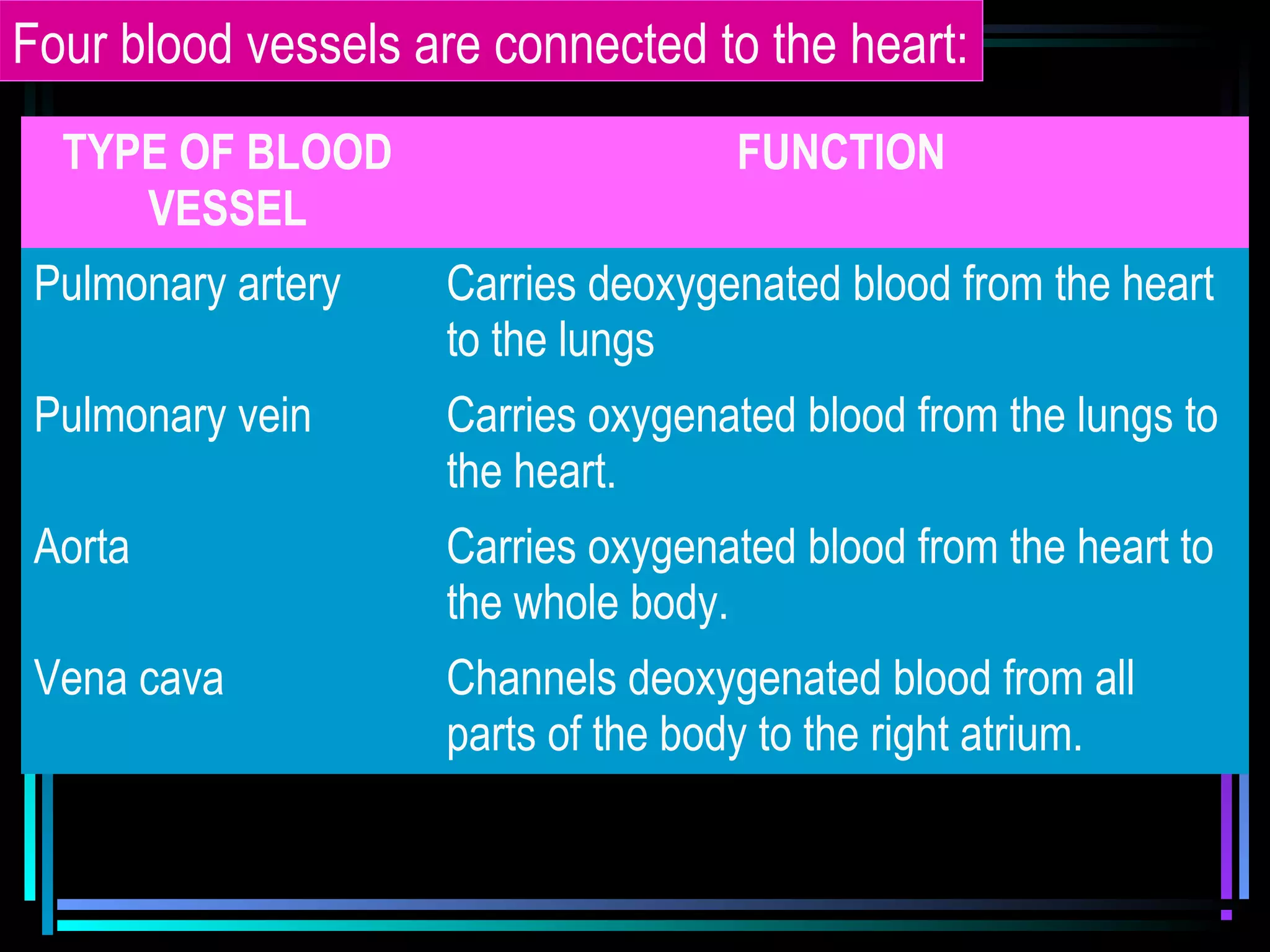 TYPE OF BLOOD
VESSEL
FUNCTION
Pulmonary artery Carries deoxygenated blood from the heart
to the lungs
Pulmonary vein Carries oxygenated blood from the lungs to
the heart.
Aorta Carries oxygenated blood from the heart to
the whole body.
Vena cava Channels deoxygenated blood from all
parts of the body to the right atrium.
Four blood vessels are connected to the heart:
 