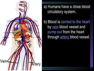 Artery
Vein
a) Humans have a close blood
circulatory system.
b) Blood is carried to the heart
by vein blood vessel and
pump out from the heart
through artery blood vessel.
 