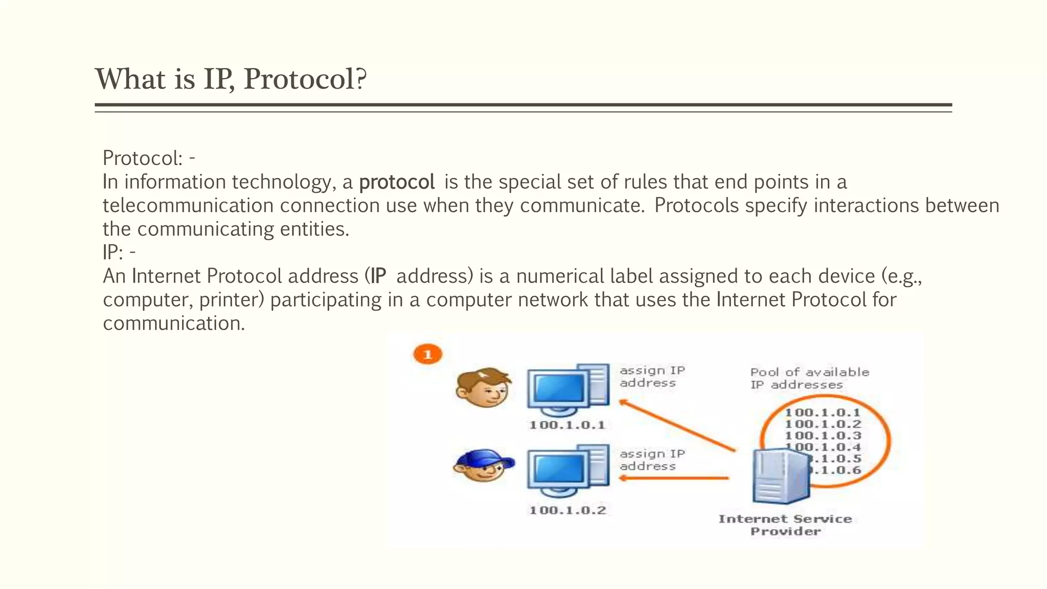 What is IP, Protocol?
Protocol: -
In information technology, a protocol is the special set of rules that end points in a
telecommunication connection use when they communicate. Protocols specify interactions between
the communicating entities.
IP: -
An Internet Protocol address (IP address) is a numerical label assigned to each device (e.g.,
computer, printer) participating in a computer network that uses the Internet Protocol for
communication.
 