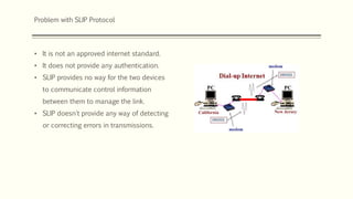 Problem with SLIP Protocol
• It is not an approved internet standard.
• It does not provide any authentication.
• SLIP provides no way for the two devices
to communicate control information
between them to manage the link.
• SLIP doesn't provide any way of detecting
or correcting errors in transmissions.
 