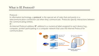 What is IP, Protocol?
Protocol: -
In information technology, a protocol is the special set of rules that end points in a
telecommunication connection use when they communicate. Protocols specify interactions between
the communicating entities.
IP: -
An Internet Protocol address (IP address) is a numerical label assigned to each device (e.g.,
computer, printer) participating in a computer network that uses the Internet Protocol for
communication.
 