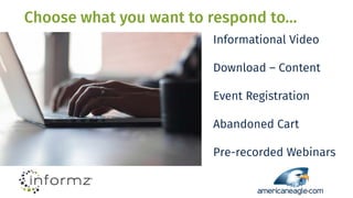 Choose what you want to respond to…
Informational Video
Download – Content
Event Registration
Abandoned Cart
Pre-recorded Webinars
 