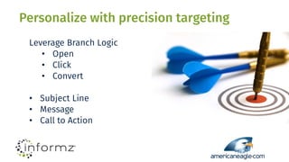 Personalize with precision targeting
Leverage Branch Logic
• Open
• Click
• Convert
• Subject Line
• Message
• Call to Action
 