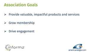 Association Goals
 Provide valuable, impactful products and services
 Grow membership
 Drive engagement
 