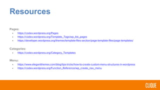 Resources
Pages:
• https://codex.wordpress.org/Pages
• https://codex.wordpress.org/Template_Tags/wp_list_pages
• https://developer.wordpress.org/themes/template-files-section/page-template-files/page-templates/
Categories:
• https://codex.wordpress.org/Category_Templates
Menu:
• https://www.elegantthemes.com/blog/tips-tricks/how-to-create-custom-menu-structures-in-wordpress
• https://codex.wordpress.org/Function_Reference/wp_create_nav_menu
 
