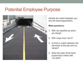 Potential Employee Purpose
Identify the match between you
and the team/organization.
Meta-questions:
1. Will I be satisfied by what I
am doing?
2. Will I enjoy how I do it?
3. Is there a match between the
demands of this job and my
values?
4. Does the style of the team
(supervisor) match with
my style?
 