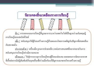 คือ : การออกแบบการเรียนรู้ที่บูรณาการระหว่างเทคโนโลยีเป็นฐานร่วมกับทฤษฎี
การเรียนรู้คอนสครัคติวิสต์
เพื่อ : สนับสนุนให้ผู้เรียนสร้างความรู้ด้วยตนเองโดยการเผชิญกับปัญหาที่สอดคล้อง
กับสภาพจริง
ประกอบด้วย : เครื่องมือ ฐานการช่วยเหลือ แหล่งสารสนเทศที่หลากหลายในการ
สนับสนุนการเรียนรู้อย่างมีความหมาย
เป้าหมาย : ไปสู่การบรรลุการเรียนรู้ของผู้เรียนแต่ละคน ตลอดจนการจัดบรรยากาศ
ที่เอื้อต่อการมีปฏิสัมพันธ์กับบุคลอื่นเพื่อร่วมมือกันแก้ปัญหาและขยายโครงสร้างความรู้
 