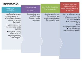 ήταν μεγαλύτερη στην
 κλωστοϋφαντουργία,
 την ταπητουργία,
 τη μεταξουργία,
 την
αλευροβιομηχανία και
 την παραγωγή
οικοδομικών υλικών.
Η συμμετοχή των
προσφύγων (ως
κεφαλαιούχων και ως
εργατών)
εξαιτίας κυρίως της
διατήρησης των
παραδοσιακών δομών
λειτουργίας τους.
Η πρόοδος όμως δεν
ήταν σημαντική,
διπλασιάστηκε ο
αριθμός των
βιομηχανικών
μονάδων.
Στη δεκαετία
1922-1932,
αναζωογόνησε και
τη βιομηχανία με 
νέο, ειδικευμένο και
φθηνό εργατικό
δυναμικό,
 με τη διεύρυνση
της καταναλωτικής
αγοράς
 και με τη δράση
ανθρώπων με
επιχειρηματικές
ικανότητες.
Η άφιξη των
προσφύγων
ΒΙΟΜΗΧΑΝΙΑ
 