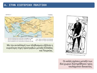Α. ΣΤΗΝ ΕΞΩΤΕΡΙΚΗ ΠΟΛΙΤΙΚΗ
Με την ανταλλαγή των πληθυσμών εξέλιπε η
κυριότερη πηγή προστριβών μεταξύ Ελλάδας
καιΤουρκίας.
Οι καλές σχέσεις μεταξύ των
δύο χωρών διατηρήθηκαν τρεις
τουλάχιστον δεκαετίες.
 