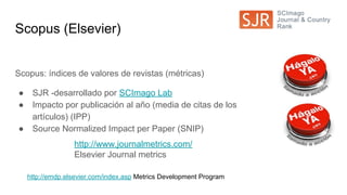 Scopus (Elsevier)
Scopus: índices de valores de revistas (métricas)
● SJR -desarrollado por SCImago Lab
● Impacto por publicación al año (media de citas de los
artículos) (IPP)
● Source Normalized Impact per Paper (SNIP)
http://www.journalmetrics.com/
Elsevier Journal metrics
http://emdp.elsevier.com/index.asp Metrics Development Program
 