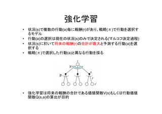 強化学習
• 状況(s)で複数の行動(a)毎に報酬(r)があり、戦略(π)で行動を選択す
るモデル
• 行動(a)の選択は現在の状況(s)のみで決定される(マルコフ決定過程)
• 状況(s)に於いて将来の報酬(r)の合計が最大と予測する行動(a)を選
択する
• 戦略(π)で選択した行動(a)と異なる行動を採る
• 強化学習は将来の報酬の合計である価値関数V(s)もしくは行動価値
関数Q(s,a)の算出が目的
 