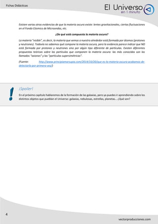 4
Fichas Didácticas
vectorproducciones.com
Existen varias otras evidencias de que la materia oscura existe: lentes gravitacionales, ciertas fluctuaciones
en el Fondo Cósmico de Microondas, etc.
¿De qué está compuesta la materia oscura?
La materia “visible”, es decir, la materia que vemos a nuestro alrededor está formada por átomos (protones
y neutrones). Todavía no sabemos qué compone la materia oscura, pero la evidencia parece indicar que NO
está formada por protones y neutrones sino por algún tipo diferente de partículas. Existen diferentes
propuestas teóricas sobre las partículas que componen la materia oscura: las más conocidas son los
llamados “axiones” y las “partículas supersimétricas”.
(Fuente: http://www.principiamarsupia.com/2014/10/20/que-es-la-materia-oscura-acabamos-de-
detectarla-por-primera-vez/)
¡Spoiler!
En el próximo capítulo hablaremos de la formación de las galaxias, pero ya puedes ir aprendiendo sobre los
distintos objetos que pueblan el Universo: galaxias, nebulosas, estrellas, planetas… ¿Qué son?
 