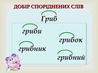 
ДОБІР СПОРІДНЕНИХ СЛІВДОБІР СПОРІДНЕНИХ СЛІВ
Гриб
гриби
грибок
грибник
грибний
гриби
грибок
грибник
грибний
 