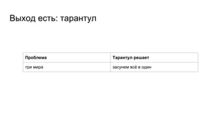 Выход есть: тарантул
Проблема Тарантул решает
три мира засунем всё в один
 
