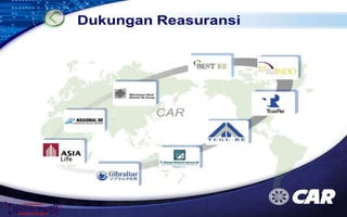 Dukungan Re-Asuransi
Maskapai Re
Indonesia
Toa Re
Jepang
Tugu Re
Indonesia
Nasional Re
Indonesia
Munich Re
Jerman
Re-Indo
Indonesia
PT AJ Central Asia Raya terdaftar dan diawasi oleh OJK
 