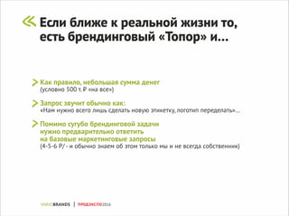Если ближе к реальной жизни то,
есть брендинговый «Топор» и...
Как правило, небольшая сумма денег
(условно 500 т. ₽ «на все»)
Запрос звучит обычно как:
«Нам нужно всего лишь сделать новую этикетку, логотип переделать»…
Помимо сугубо брендинговой задачи
нужно предварительно ответить
на базовые маркетинговые запросы
(4-5-6 P/ - и обычно знаем об этом только мы и не всегда собственник)
ПРОДЭКСПО2016
 