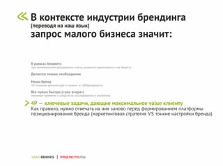 В рамках бюджета
при минимальном расширении сметы, решения принимаются «на берегу»
Делается только необходимое
Моно-бренд
VS сложная архитектура и мульти и суббрендовость-
Все нужно быстро («уже вчера»)
минимум времени и средств на исследования и аналитику
4P — ключевые задачи, дающие максимальное value клиенту
Как правило, нужно отвечать на них заново перед формированием платформы
позиционирования бренда (маркетинговая стратегия VS тонкие настройки бренда)
В контексте индустрии брендинга
(переводя на наш язык)
запрос малого бизнеса значит:
ПРОДЭКСПО2016
 
