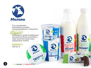 Есть сложившаяся
дистрибуция, ценовое
позиционирование и покупатель.
ЗАДАЧА:
необходимо провести ребрендинг
для решения более масштабных
задач (включая вывод новых
продуктовых линеек).
БЮДЖЕТ:
500 тыс. ₽
ПРОДЭКСПО20162
 