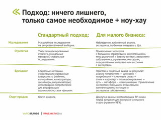Масштабные исследования
на репрезентативной выборке.
Стандартный подход: Для малого бизнеса:
Наблюдение, кабинетный анализ,
экспертиза, глубинные интервью с ЦА.
Узкоспециализированные
стратеги, уникальные
методики, глобальные
исследования.
Привлечение экспертов
с большими отраслевыми компетенциями,
микс рыночной и бизнес-логики с желаниями
собственника, стратегические сессии,
подкреплённые интервью или сессиями
с экспертами.
Секретные методики,
узкоспециализированные
специалисты (нейминг,
копирайтинг, иллюстраторы,
дизайнеры, визуализаторы),
исследования потребителей
для верификации
правильности, свои «фишки».
Простой и понятный выход на результат:
анализ потребителя — ценности —
потребности — ключевые слова —
стиль и характер — позиционирование —
суть — метафора — коммуникации. Привлечение
экспертов с большими отраслевыми
компетенциями, интуиция и
экспертиза собственника.
Докрутка важных составляющих 4Р-микса
перед запуском для контроля успешного
старта (правило 98%).
Откуп клиента.
Исследования
Стратегия
Брендинг
Старт продаж
ПРОДЭКСПО2016
Подход: ничего лишнего,
только самое необходимое + ноу-хау
 