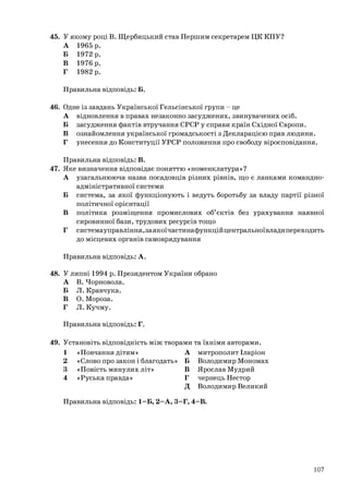 45. У якому році В. Щербицький став Першим секретарем ЦК КПУ?
А 1965 р.
Б 1972 р.
В 1976 р.
Г 1982 р.
Правильна відповідь: Б.
46. Одне із завдань Української Гельсінської групи - це
А відновлення в правах незаконно засуджених, звинувачених осіб.
Б засудження фактів втручання СРСР у справи країн Східної Європи.
В ознайомлення української громадськості з Декларацією прав людини.
Г унесення до Конституції УРСР положення про свободу віросповідання.
Правильна відповідь: В.
47. Яке визначення відповідає поняттю «номенклатура»?
А узагальнююча назва посадовців різних рівнів, що є ланками командно-
адміністративної системи
Б система, за якої функціонують і ведуть боротьбу за владу партії різної
політичної орієнтації
В політика розміщення промислових об’єктів без урахування наявної
сировинної бази, трудових ресурсів тощо
Г системауправління,заякоїчастинафункційцентральноївладипереходить
до місцевих органів самоврядування
Правильна відповідь: А.
48. У липні 1994 р. Президентом України обрано
А В. Чорновола.
Б Л. Кравчука.
В О. Мороза.
Г Л. Кучму.
Правильна відповідь: Г.
49. Установіть відповідність між творами та їхніми авторами.
1 «Повчання дітям» А митрополит Іларіон
2 «Слово про закон і благодать» Б Володимир Мономах
3 «Повість минулих літ» В Ярослав Мудрий
4 «Руськаправда» Г чернець Нестор
Д Володимир Великий
Правильна відповідь: 1–Б, 2–А, 3–Г, 4–В.
107
 