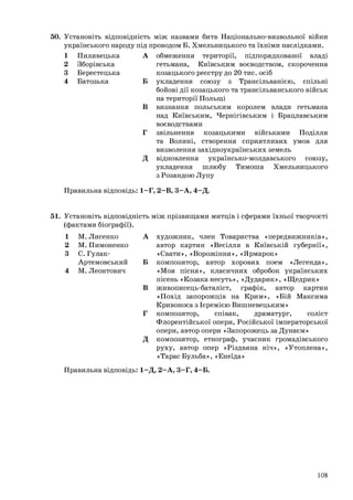 50. Установіть відповідність між назвами битв Національно-визвольної війни
українського народу під проводом Б. Хмельницького та їхніми наслідками.
1 Пилявецька
2 Зборівська
3 Берестецька
4 Батозька
А обмеження території, підпорядкованої владі
гетьмана, Київським воєводством, скорочення
козацького реєстру до 20 тис. осіб
Б укладення союзу з Трансільванією, спільні
бойові дії козацького та трансільванського військ
на території Польщі
В визнання польським королем влади гетьмана
над Київським, Чернігівським і Брацлавським
воєводствами
Г звільнення козацькими військами Поділля
та Волині, створення сприятливих умов для
визволення західноукраїнських земель
Д відновлення українсько-молдавського союзу,
укладення шлюбу Тимоша Хмельницького
з Розандою Лупу
Правильна відповідь: 1–Г, 2–В, 3–А, 4–Д.
51. Установіть відповідність між прізвищами митців і сферами їхньої творчості
(фактами біографії).
1 М. Лисенко
2 М. Пимоненко
3 С. Гулак-
Артемовський
4 М. Леонтович
А художник, член Товариства «передвижників»,
автор картин «Весілля в Київській губернії»,
«Свати», «Ворожіння», «Ярмарок»
Б композитор, автор хорових поем «Легенда»,
«Моя пісня», класичних обробок українських
пісень «Козака несуть», «Дударик», «Щедрик»
В живописець-баталіст, графік, автор картин
«Похід запорожців на Крим», «Бій Максима
Кривоноса з Ієремією Вишневецьким»
Г композитор, співак, драматург, соліст
Флорентійської опери, Російської імператорської
опери, автор опери «Запорожець за Дунаєм»
Д композитор, етнограф, учасник громадівського
руху, автор опер «Різдвяна ніч», «Утоплена»,
«Тарас Бульба», «Енеїда»
Правильна відповідь: 1–Д, 2–А, 3–Г, 4–Б.
108
 