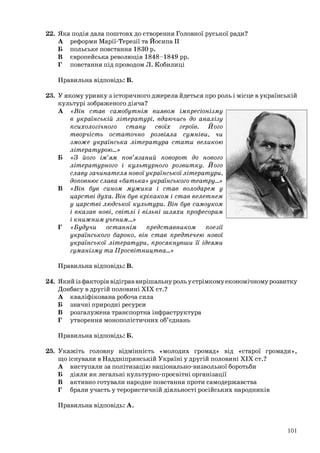 22. Яка подія дала поштовх до створення Головної руської ради?
А реформи Марії-Терезії та Йосипа II
Б польське повстання 1830 р.
В європейська революція 1848-1849 рр.
Г повстання під проводом Л. Кобилиці
Правильна відповідь: В.
23. У якому уривку з історичного джерела йдеться про роль і місце в українській
культурі зображеного діяча?
А «Він став самобутнім виявом імпресіонізму
в українській літературі, вдаючись до аналізу
психологічного стану своїх героїв. Його
творчість остаточно розвіяла сумніви, чи
зможе українська література стати великою
літературою...»
Б «З його ім’ям пов’язаний поворот до нового
літературного і культурного розвитку. Його
славу зачинателя нової української літератури,
доповнює слава «батька» українського театру...»
В «Він був сином мужика і став володарем у
царстві духа. Він був кріпаком і став велетнем
у царстві людської культури. Він був самоуком
і вказав нові, світлі і вільні шляхи професорам
і книжним ученим...»
Г «Будучи останнім представником поезії
українського бароко, він став предтечею нової
української літератури, просякнувши її ідеями
гуманізму та Просвітництва...»
Правильна відповідь: В.
24. Який із факторів відіграв вирішальну роль у стрімкому економічному розвитку
Донбасу в другій половині XIX ст.?
А кваліфікована робоча сила
Б значні природні ресурси
В розгалужена транспортна інфраструктура
Г утворення монополістичних об’єднань
Правильна відповідь: Б.
25. Укажіть головну відмінність «молодих громад» від «старої громади»,
що існували в Наддніпрянській Україні у другій половині XIX ст.?
А виступали за політизацію національно-визвольної боротьби
Б діяли як легальні культурно-просвітні організації
В активно готували народне повстання проти самодержавства
Г брали участь у терористичній діяльності російських народників
Правильна відповідь: А.
101
 