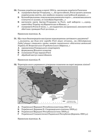 30. Головна українська рада в серпні 1914 р. закликала українців Галичини
А підтримати Австро-Угорщину, «...бо ідучи війною, Росія грозить загином
українському життю, яке знайшло охорону в австрійській державі...»
Б бутинейтральними, томущожодназвоюючихсторін «...неможевикликати
співчуття ні цілями, ні способами боротьби...»
В виступити проти Австро-Угорщини та Росії, щоб вибороти «...єдину,
самостійну Україну від Карпатів аж по Кавказ...»
Г підтримати Росію й чесно, «...не піддаючись напровокації, виконати свій
обов’язок громадян Росії до кінця...»
Правильна відповідь: А.
31. Що стало безпосереднім наслідком оприлюднення цитованого документа?
«…визнаючи, що доля всіх народів Росії міцно зв’язана… ми [Центральна
Рада] рішуче ставимось проти замірів самовільного здійснення автономії
України до Всеросійського Учредительного Зібрання…»
А призначення Генерального секретаріату
Б формування Вільного козацтва
В скликання З’їзду народів Росії
Г збройний виступ самостійників
Правильна відповідь: Г.
32. Територію якого державного утворення позначено на карті жирною лінією?
А Української Народної Республіки (листопад 1917 р.)
Б Української Держави П. Скоропадського (квітень 1918 р.)
В Української Народної Республіки (січень 1919 р.)
Г Української Соціалістичної Радянської Республіки (березень 1921 р.)
Правильна відповідь: А.
103
 