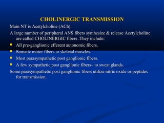 CHOLINERGIC TRANSMISSIONCHOLINERGIC TRANSMISSION
Main NT is Acetylcholine (ACh).Main NT is Acetylcholine (ACh).
A large number of peripheral ANS fibers synthesize & release AcetylcholineA large number of peripheral ANS fibers synthesize & release Acetylcholine
are called CHOLINERGIC fibers .They include:are called CHOLINERGIC fibers .They include:
 All pre-ganglionic efferent autonomic fibers.All pre-ganglionic efferent autonomic fibers.
 Somatic motor fibers to skeletal muscles.Somatic motor fibers to skeletal muscles.
 Most parasympathetic post ganglionic fibers.Most parasympathetic post ganglionic fibers.
 A few sympathetic post ganglionic fibers– to sweat glands.A few sympathetic post ganglionic fibers– to sweat glands.
Some parasympathetic post ganglionic fibers utilize nitric oxide or peptidesSome parasympathetic post ganglionic fibers utilize nitric oxide or peptides
for transmission.for transmission.
 