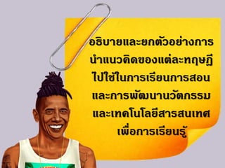 อธิบายและยกตัวอย่างการ
นาแนวคิดของแต่ละทฤษฎี
ไปใช้ในการเรียนการสอน
และการพัฒนานวัตกรรม
และเทคโนโลยีสารสนเทศ
เพื่อการเรียนรู้
 