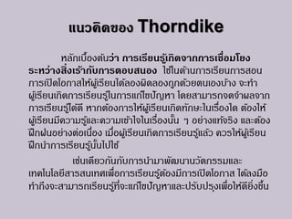 แนวคิดของ Thorndike
หลักเบื้องต้นว่า การเรียนรู้เกิดจากการเชื่อมโยง
ระหว่างสิ่งเร้ากับการตอบสนอง ใช้ในด้านการเรียนการสอน
การเปิดโอกาสให้ผู้เรียนได้ลองผิดลองถูกด้วยตนเองบ้าง จะทา
ผู้เรียนเกิดการเรียนรู้ในการแก้ไขปัญหา โดยสามารถจดจาผลจาก
การเรียนรู้ได้ดี หากต้องการให้ผู้เรียนเกิดทักษะในเรื่องใด ต้องให้
ผู้เรียนมีความรู้และความเข้าใจในเรื่องนั้น ๆ อย่างแท้จริง และต้อง
ฝึกฝนอย่างต่อเนื่อง เมื่อผู้เรียนเกิดการเรียนรู้แล้ว ควรให้ผู้เรียน
ฝึกนาการเรียนรู้นั้นไปใช้
เช่นเดียวกันกับการนามาพัฒนานวัตกรรมและ
เทคโนโลยีสารสนเทศเพื่อการเรียนรู้ต้องมีการเปิดโอกาส ได้ลงมือ
ทาถึงจะสามารถเรียนรู้ที่จะแก้ไขปัญหาและปรับปรุงเพื่อให้ดียิ่งขึ้น
 