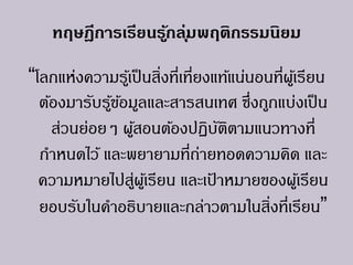 ทฤษฎีการเรียนรู้กลุ่มพฤติกรรมนิยม
“โลกแห่งความรู้เป็นสิ่งที่เที่ยงแท้แน่นอนที่ผู้เรียน
ต้องมารับรู้ข้อมูลและสารสนเทศ ซึ่งถูกแบ่งเป็น
ส่วนย่อยๆ ผู้สอนต้องปฏิบัติตามแนวทางที่
กาหนดไว้ และพยายามที่ถ่ายทอดความคิด และ
ความหมายไปสู่ผู้เรียน และเป้ าหมายของผู้เรียน
ยอบรับในคาอธิบายและกล่าวตามในสิ่งที่เรียน”
 