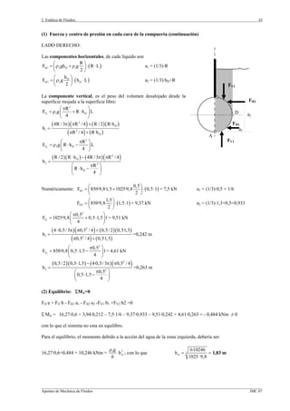 2. Estática de Fluidos.
_________________________________________________________________________________________________________________
Apuntes de Mecánica de Fluidos JMC 07
43
(1) Fuerza y centro de presión en cada cara de la compuerta (continuación)
LADO DERECHO:
Las componentes horizontales, de cada líquido son
( )H1 2 D 1
R
F gh g R L
2
⎛ ⎞
= ρ +ρ ⋅ ⋅⎜ ⎟
⎝ ⎠
a1 = (1/3)·R
( )D
H2 2 D
h
F g h L
2
⎛ ⎞
= ρ ⋅ ⋅⎜ ⎟
⎝ ⎠
a2 = (1/3)·hD+R
La componente vertical, es el peso del volumen desalojado desde la
superficie mojada a la superficie libre:
1
2
V 1 D
R
F g R h L
4
⎛ ⎞π
= ρ + ⋅⎜ ⎟
⎝ ⎠
( )( ) ( )( )
( ) ( )
2
D
1 2
D
4R /3 R / 4 R / 2 R·h
b
R / 4 R·h
π π +
=
π +
2
2
V 2 D
R
F g R h L
4
⎛ ⎞π
= ρ ⋅ −⎜ ⎟
⎝ ⎠
( )( ) ( )( )2
D
2 2
D
R / 2 R h 4R /3 R / 4
b
R
R h
4
⋅ − π π
=
⎛ ⎞π
⋅ −⎜ ⎟
⎝ ⎠
Numéricamente: ( )H1
0,5
F 850·9,8·1,5 1025·9,8 0,5 1
2
⎛ ⎞
= + ⋅ ⋅⎜ ⎟
⎝ ⎠
= 7,5 kN a1 = (1/3)·0,5 = 1/6
( )H2
1,5
F 850·9,8 1,5 1
2
⎛ ⎞
= ⋅ ⋅⎜ ⎟
⎝ ⎠
= 9,37 kN a2 = (1/3)·1,3+0,5=0,933
1
2
V
0,5
F 1025·9,8 0,5 1,5 1
4
⎛ ⎞π
= + ⋅⎜ ⎟
⎝ ⎠
= 9,51 kN
( )( ) ( )( )
( ) ( )
2
1 2
4 0,5/3 0,5 / 4 0,5/ 2 0,5·1,5
b
0,5 / 4 0,5·1,5
⋅ π π +
=
π +
=0,242 m
2
2
V
0,5
F 850·9,8 0,5 1,5 1
4
⎛ ⎞π
= ⋅ −⎜ ⎟
⎝ ⎠
= 4,61 kN
( )( ) ( )( )2
2 2
0,5/ 2 0,5 1,5 4·0,5/3 0,5 / 4
b
0,5
0,5 1,5
4
⋅ − π π
=
⎛ ⎞π
⋅ −⎜ ⎟
⎝ ⎠
=0,263 m
(2) Equilibrio: ΣMA=0
FH·a + FV·b - FH1·a1 - FH2·a2 -FV1·b1 +FV2·b2 =0
Σ MA = 16,27·0,6 + 3,94·0,212 – 7,5·1/6 – 9,37·0,933 – 9,51·0,242 + 4,61·0,263 = - 0,484 kNm ≠ 0
con lo que el sistema no esta en equilibro.
Para el equilibrio, el momento debido a la acción del agua de la zona izquierda, debería ser:
16,27·0,6+0,484 = 10,246 kNm = 31
A
g
h
6
ρ
⋅ ; con lo que 3
A
6·10246
h
1025 9,8
= =
⋅
1,83 m
A
FH2
FV2
FV1
FH1
D
a1
a2
 