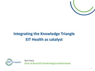 11 1
Integrating the Knowledge Triangle
EIT Health as catalyst
Bart Haex
Chair of Board EIT Health Belgium-Netherlands
 