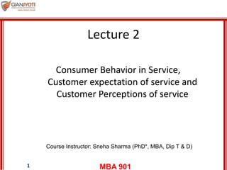 MBA 9011
Lecture 2
Consumer Behavior in Service,
Customer expectation of service and
Customer Perceptions of service
Course Instructor: Sneha Sharma (PhD*, MBA, Dip T & D)
 