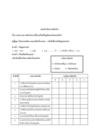 แบบประเมินความคิดเห็น
เรื่อง การสารวจความคิดเห็นการใช้ภาษาไทยไม่ถูกต้องบนโลกออนไลน์
คาชี้แจง โปรดกรอกข้อความและใส่เครื่องหมาย / หน้าข้อที่ตรงกับข้อมูลของท่าน
ส่วนที่ 1 ข้อมูลส่วนตัว
1. เพศ( ) ชาย ( ) หญิง 2. อายุ …………. ปี 3. ระดับชั้นการศึกษา ( ) ม.6
ส่วนที่ 2 โปรดใส่เครื่องหมาย /
ลงในช่องที่ตรงกับความคิดเห็นของท่าน
ลาดับที่ รายการประเมิน ระดับความคิดเห็น
5 4 3 2 1
1 การใช้ภาษาไทยไม่ถูกต้องบนโลกออนไลน์มีผลต่
อการใช้ชีวิตประจาวัน
2 ความสะดวกเป็นปัจจัยสาคัญที่ทาให้เกิดการใช้ภา
ษาไทยไม่ถูกต้อง
3 วัยรุ่นส่วนใหญ่ใช้ภาษาไทยไม่ถูกต้อง
4 การใช้ภาษาถูกต้องบนโลกออนไลน์มีความสาคัญ
ต่อประเทศชาติ
5 การใช้ภาษาไทยไม่ถูกต้องมีผลกระทบต่อประเทศ
6 การใช้คาแสลงทาให้ภาษาไทยเกิดการเปลี่ยนแปล
งในแง่ลบ
7 ความเร่งรีบทาให้เกิดการใช้ภาษาไทยไม่ถูกต้อง
8 ความก้าวหน้าของเทคโนโลยีเป็นปัจจัยหนุนที่ทาใ
ห้เกิดการใช้ภาษาไทยไม่ถูกต้อง
ระดับความคิดเห็น
5= เห็นด้วยมากที่สุด4=เห็นด้วยมาก
3= เห็นด้วย 2= ไม่ค่อยเห็นด้วย
1= ไม่เห็นด้วย
 