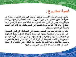 : ‫المشروع‬ ‫أدهمية‬
‫إلى‬ ‫ونظرا‬ ، ‫التعليمم‬ ‫نظام‬ ‫فمي‬ ‫الزاويمة‬ ‫وحجمر‬ ‫السماسية‬ ‫الركيزة‬ ‫المعلمم‬ ‫يعتمبر‬
‫تدعم‬ ‫التي‬ ‫والبرامج‬ ‫الخطط‬ ‫إعداد‬ ‫إلى‬ ‫السعي‬ ‫من‬ ‫بد‬ ‫ل‬ ، ‫المعلم‬ ‫دور‬ّ‫ر‬‫ال‬ ‫دهذا‬ ‫أدهمية‬
‫دونما‬ ‫الدراسمي‬ ‫العام‬ ‫عمبر‬ ‫متواصملة‬ ‫الجهود‬ ‫دهذه‬ ‫تكون‬ ‫أمن‬ ‫وممن‬ ،‫بمه‬ ‫وترتقمي‬
‫إلحاحا‬ ‫أكثر‬ ‫فإنه‬ ‫عام‬ ‫بشكل‬ ‫المعلم‬ ‫إلى‬ ‫بالنسبة‬ ‫ا‬ً ‫ضروري‬ ‫دهذا‬ ‫كان‬ ‫وإذا‬ ، ‫انقطاع‬
.‫المستجد‬ ‫المعلم‬ ‫إلى‬ ‫بالنسبة‬
‫المساعدة‬ ‫تلقي‬ ‫والى‬ ‫المساندة‬ ‫إلى‬ ‫بحاجة‬ ‫المعلمين‬ ‫من‬ ‫الشريحة‬ ‫دهذه‬ ‫أن‬ ‫ذلك‬
‫الخذ‬ ‫عن‬ ‫فضل‬ ، ‫العمل‬ ‫أولويات‬ ‫تحديد‬ ‫على‬ ‫تعينها‬ ‫شخصية‬ ‫رؤية‬ ‫تطوير‬ ‫على‬
‫من‬ ‫العديد‬ ‫في‬ ‫إشراكها‬ ‫خل ل‬ ‫من‬ ‫واتجادهاتها‬ ‫وقدراتها‬ ‫مهاراتها‬ ‫وتطوير‬ ‫بيددها‬
‫بأدهميتها‬ ‫إشعاردهما‬ ‫إلمى‬ ‫تهدف‬ ‫والتمي‬ ‫الوزارة‬ ‫أو‬ ‫المدرسمة‬ ‫تنظمهما‬ ‫التي‬ ‫المبرامج‬
‫جودة‬ ‫وأرثر‬ ‫عاتقهما‬ ‫علمى‬ ‫الملقاة‬ ‫بالمسمؤولية‬ ‫تشعردهما‬ ‫كمما‬ ، ‫عطاءدهما‬ ‫وأدهميمة‬
.‫إليها‬ ‫تنتسب‬ ‫التي‬ ‫المدرسية‬ ‫المؤسسات‬ ‫أداء‬ ‫في‬ ‫عملها‬
 