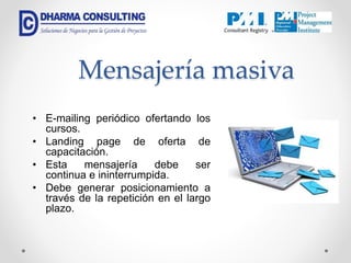 Mensajería masiva
• E-mailing periódico ofertando los
cursos.
• Landing page de oferta de
capacitación.
• Esta mensajería debe ser
continua e ininterrumpida.
• Debe generar posicionamiento a
través de la repetición en el largo
plazo.
 