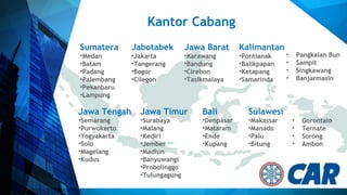 Kantor Cabang
Sumatera
•Medan
•Batam
•Padang
•Palembang
•Pekanbaru
•Lampung
Jabotabek
•Jakarta
•Tangerang
•Bogor
•Cilegon
Jawa Barat
•Karawang
•Bandung
•Cirebon
•Tasikmalaya
Kalimantan
•Pontianak
•Balikpapan
•Ketapang
•Samarinda
Jawa Tengah
•Semarang
•Purwokerto
•Yogyakarta
•Solo
•Magelang
•Kudus
Jawa Timur
•Surabaya
•Malang
•Kediri
•Jember
•Madiun
•Banyuwangi
•Probolinggo
•Tulungagung
Bali
•Denpasar
•Mataram
•Ende
•Kupang
Sulawesi
•Makassar
•Manado
•Palu
•Bitung
• Pangkalan Bun
• Sampit
• Singkawang
• Banjarmasin
• Gorontalo
• Ternate
• Sorong
• Ambon
 